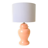 Decorative pink ceramic vase lamp - blue and white striped shade