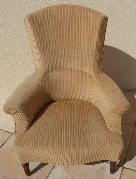 Old bergère upholstered in beige velvet – Firm back and seat