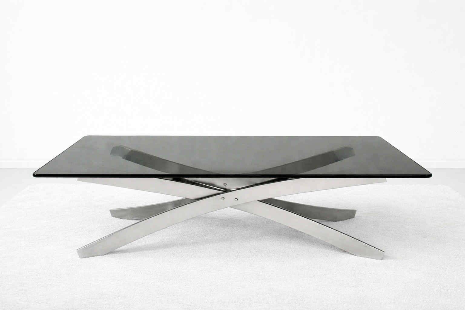Table basse space age acier et verre fumé