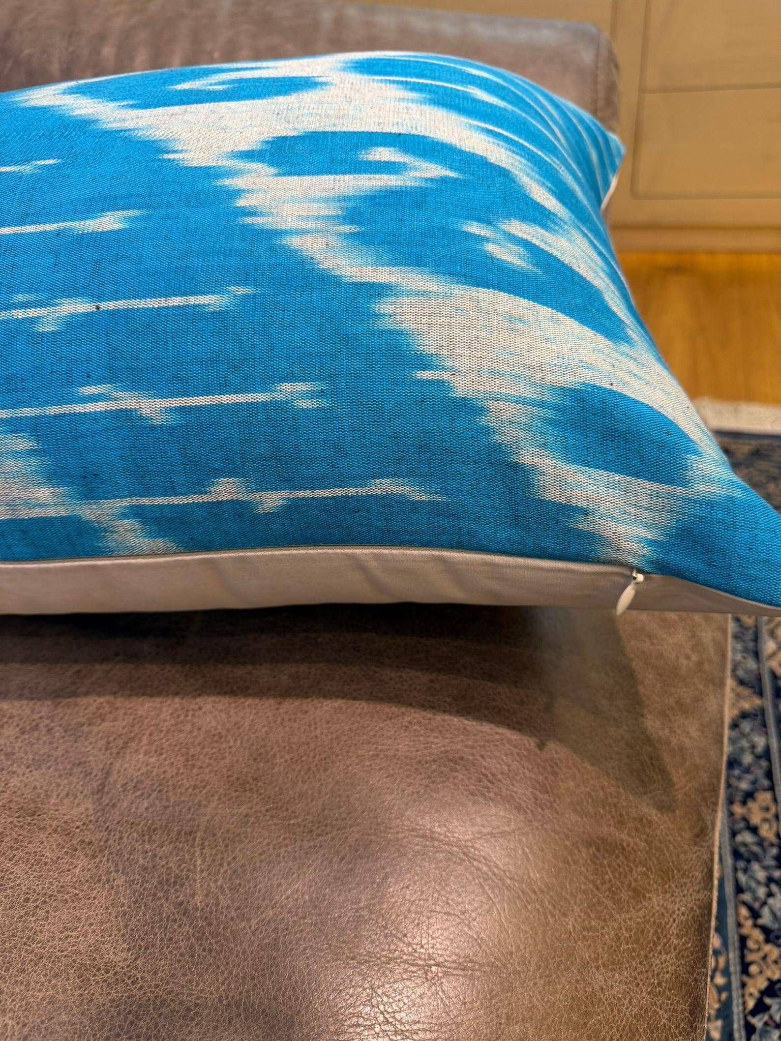 Hand Crafted Silk Ikat Lumbar Cushion Cover, Sky Blue Wave Pillow Case