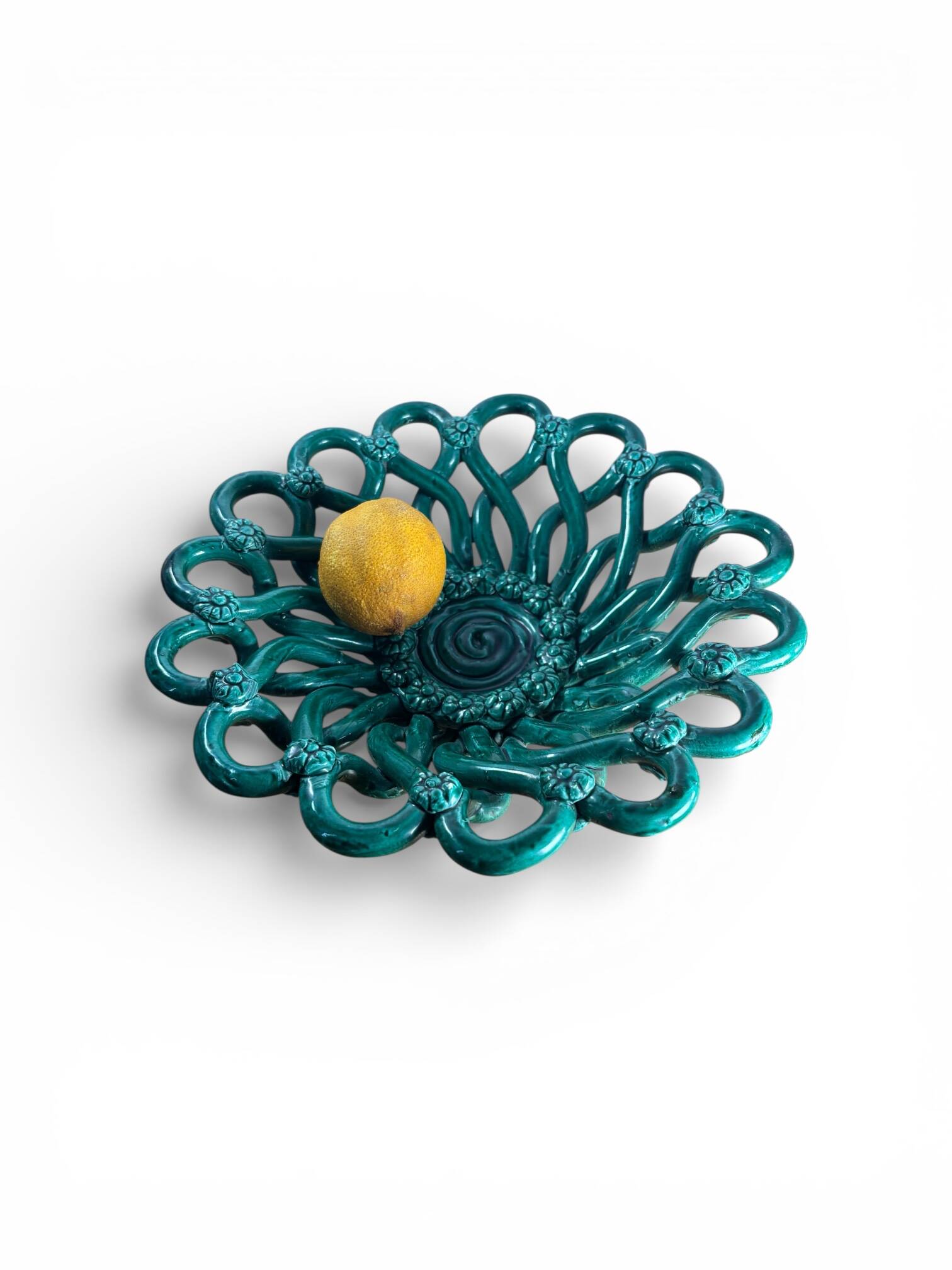 Openwork green ceramic bowl from Vallauris, 1950s.