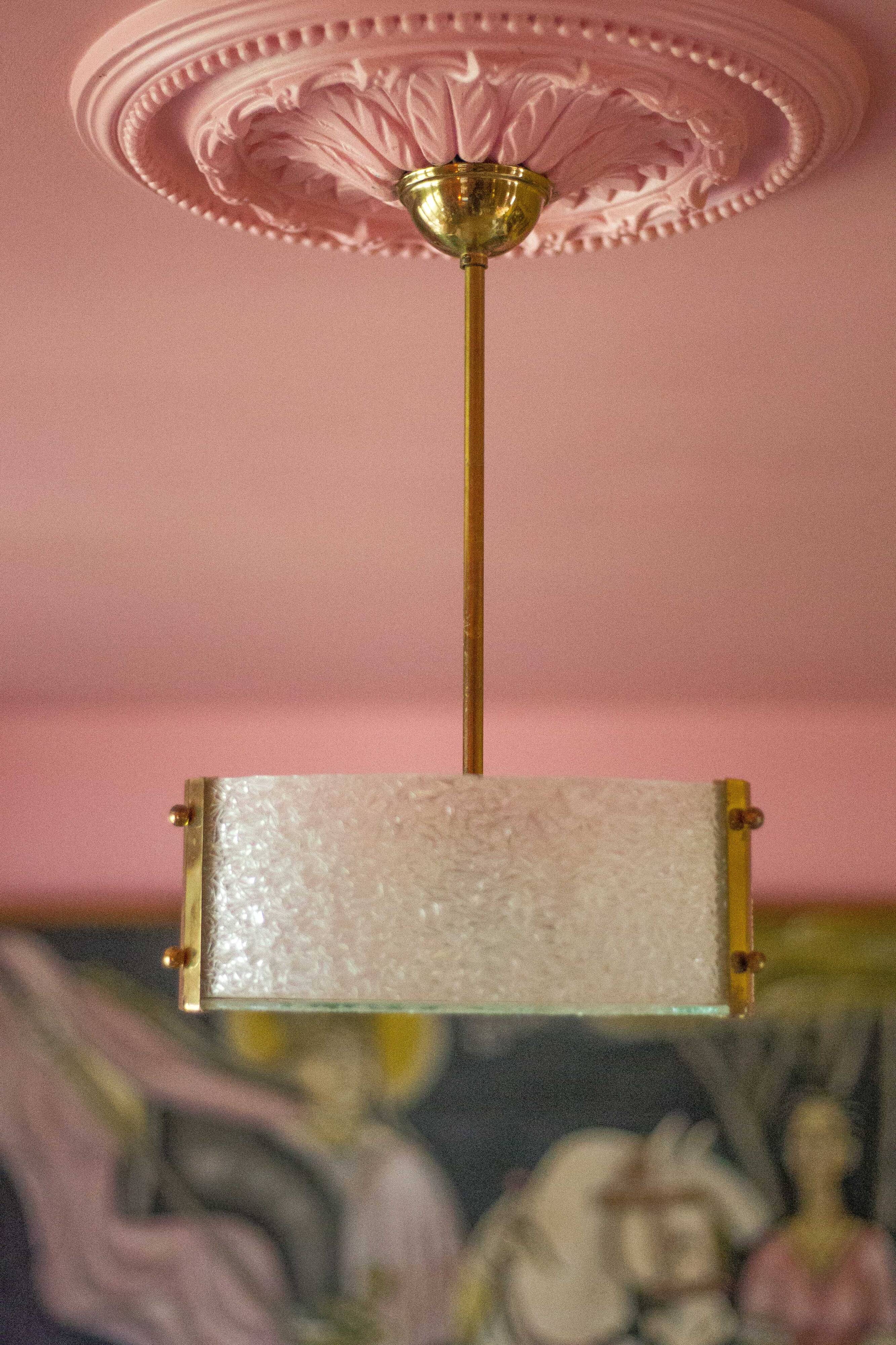 Vintage glass and brass pendant light, vintage chandelier, triangular ceiling lamp, pendant light