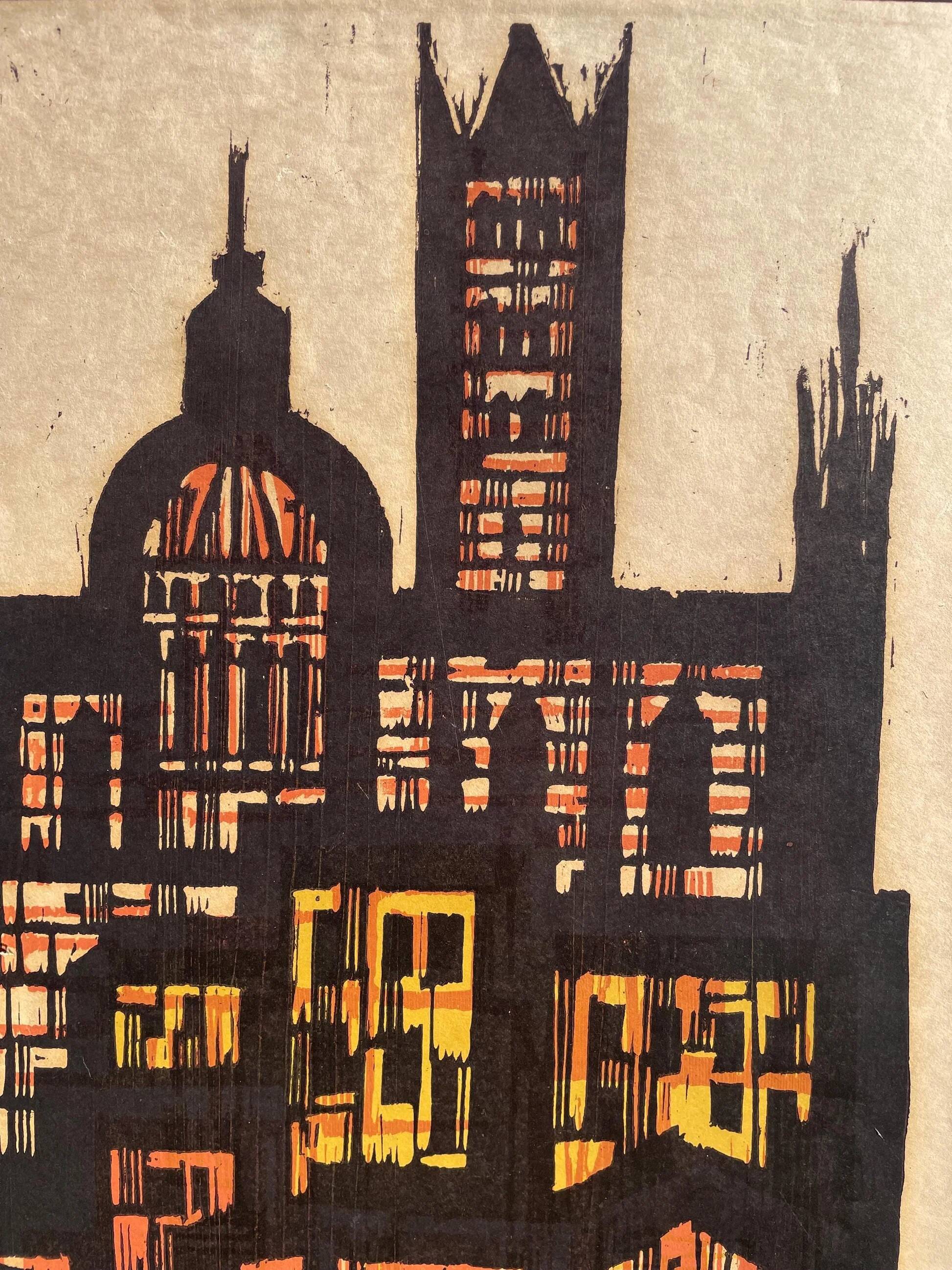 Lithographie de paysage urbain signée au crayon par Akke Sins, vintage des années 1960.