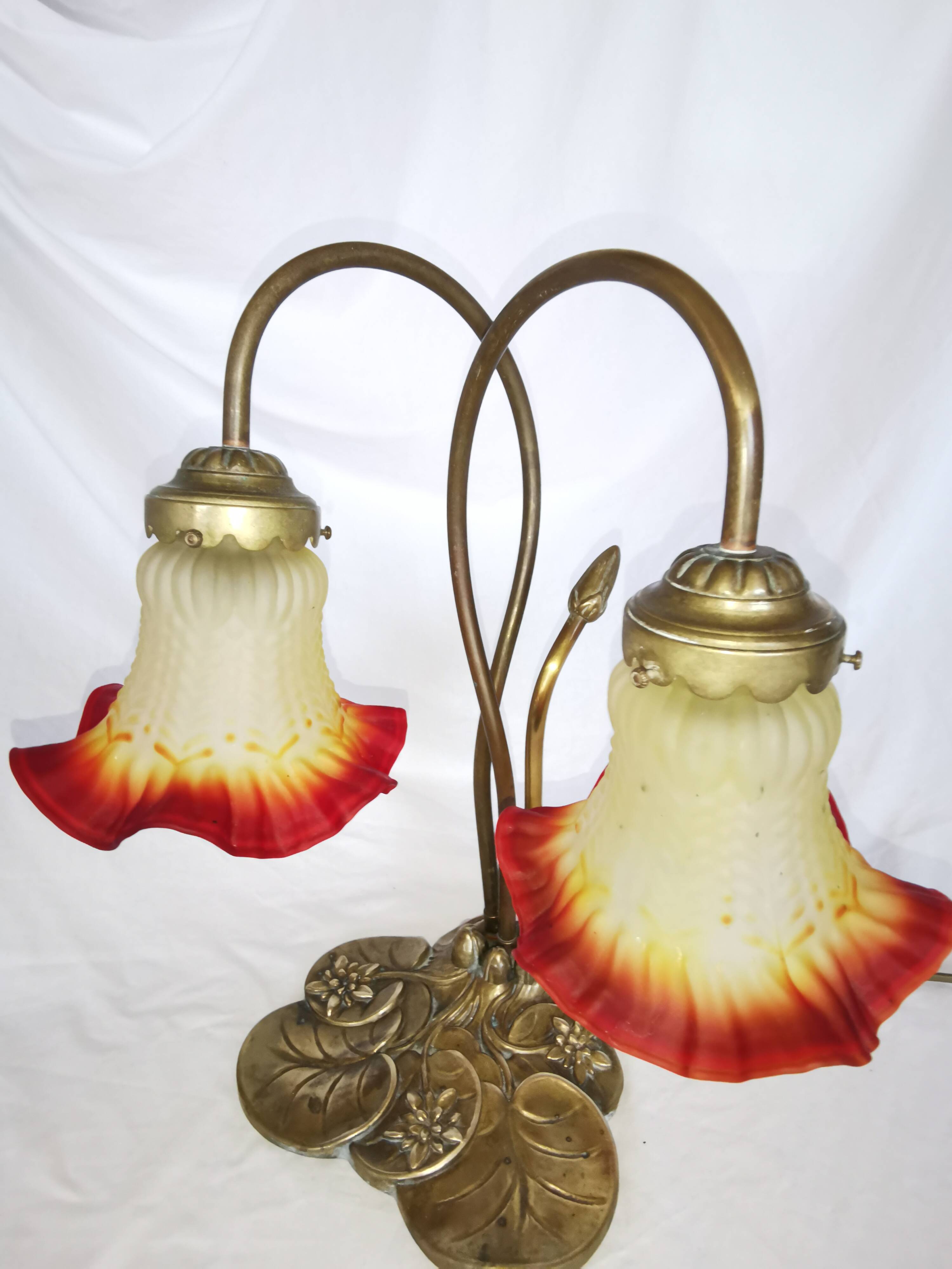 Brass water lily lamp and glass paste tulip, double, art nouveau style.