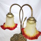 Brass water lily lamp and glass paste tulip, double, art nouveau style.