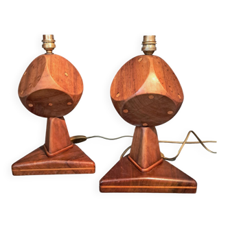 Pair of 1940 lamps in solid mahogany and lemon tree fillets.
