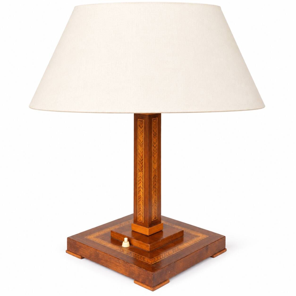 Vintage Wooden Table Lamp with Geometric Marquetry Inlay – Fabric Lampshade