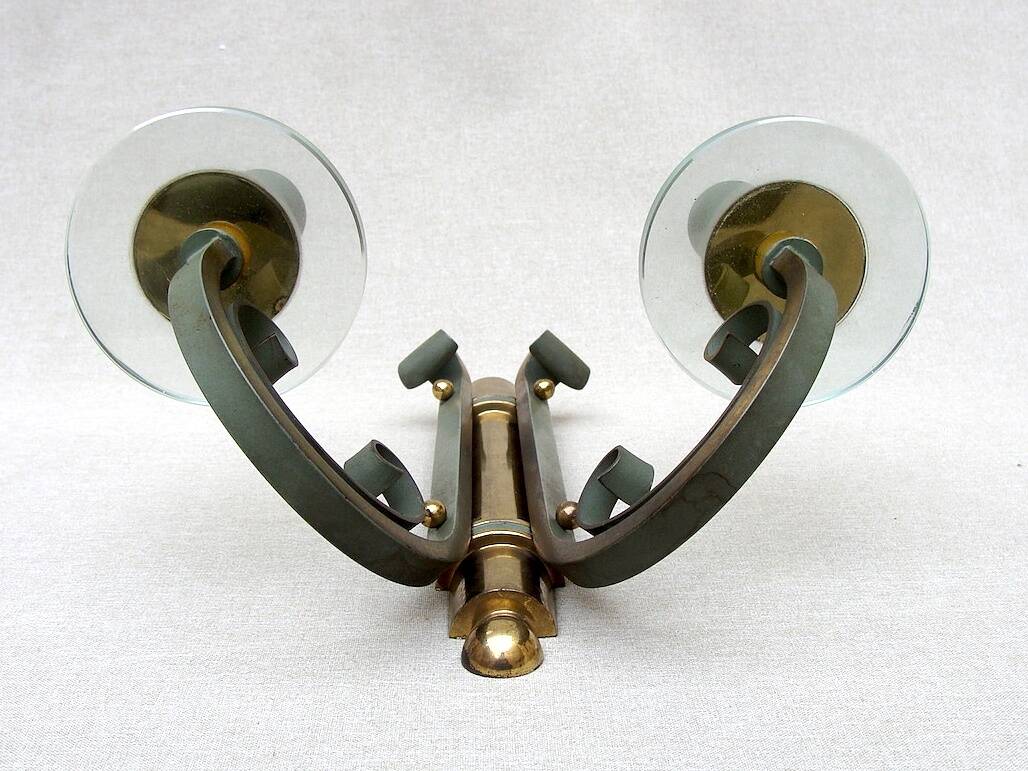Pair of art deco lacquered metal, brass and glass wall lights