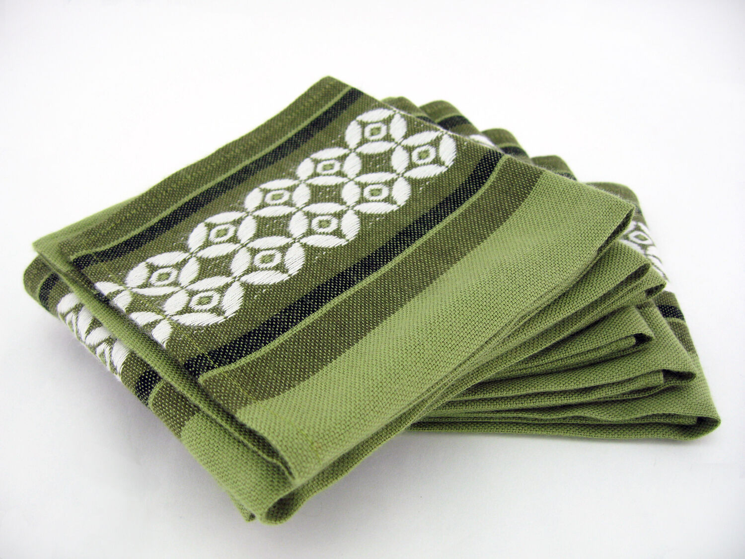 6 olive green Dralon napkins - white geometric patterns - vintage 60s