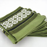 6 olive green Dralon napkins - white geometric patterns - vintage 60s