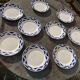 9 small plates, Courville model, Badonviller, made in France, blue geometric patterns