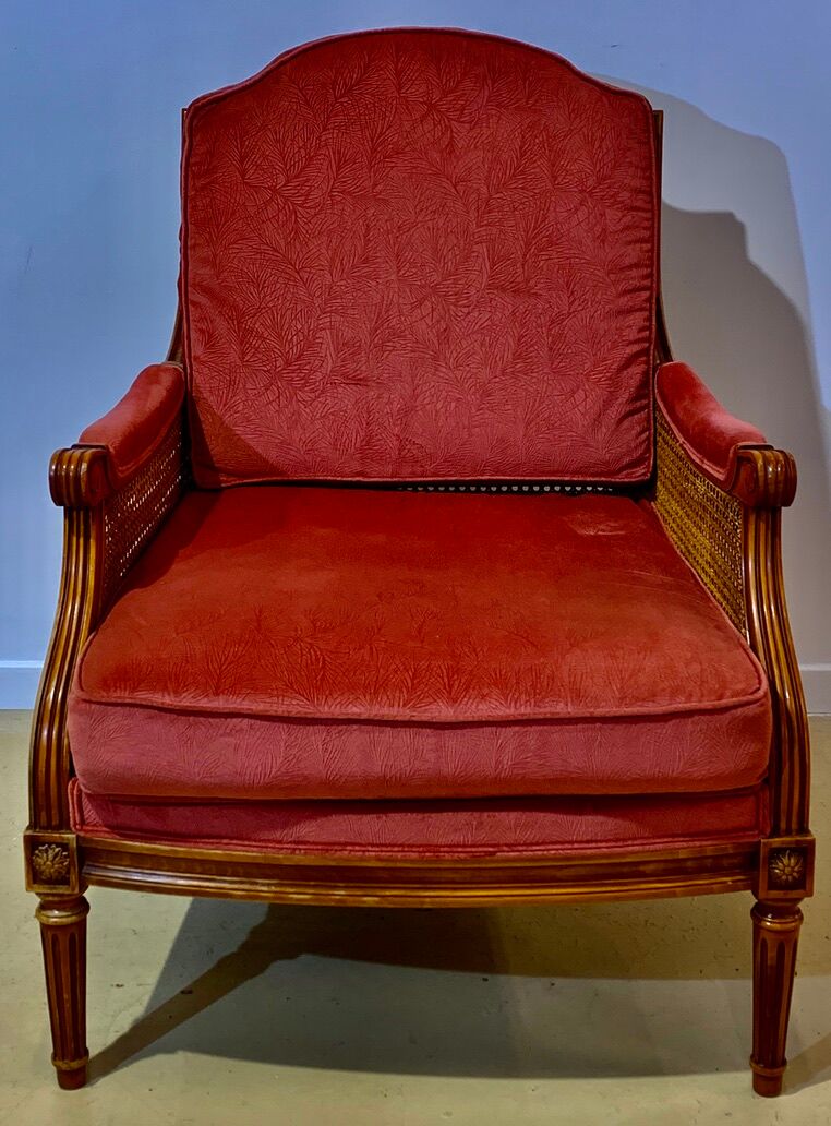 Pair of armchairs in cannage and pink velvet