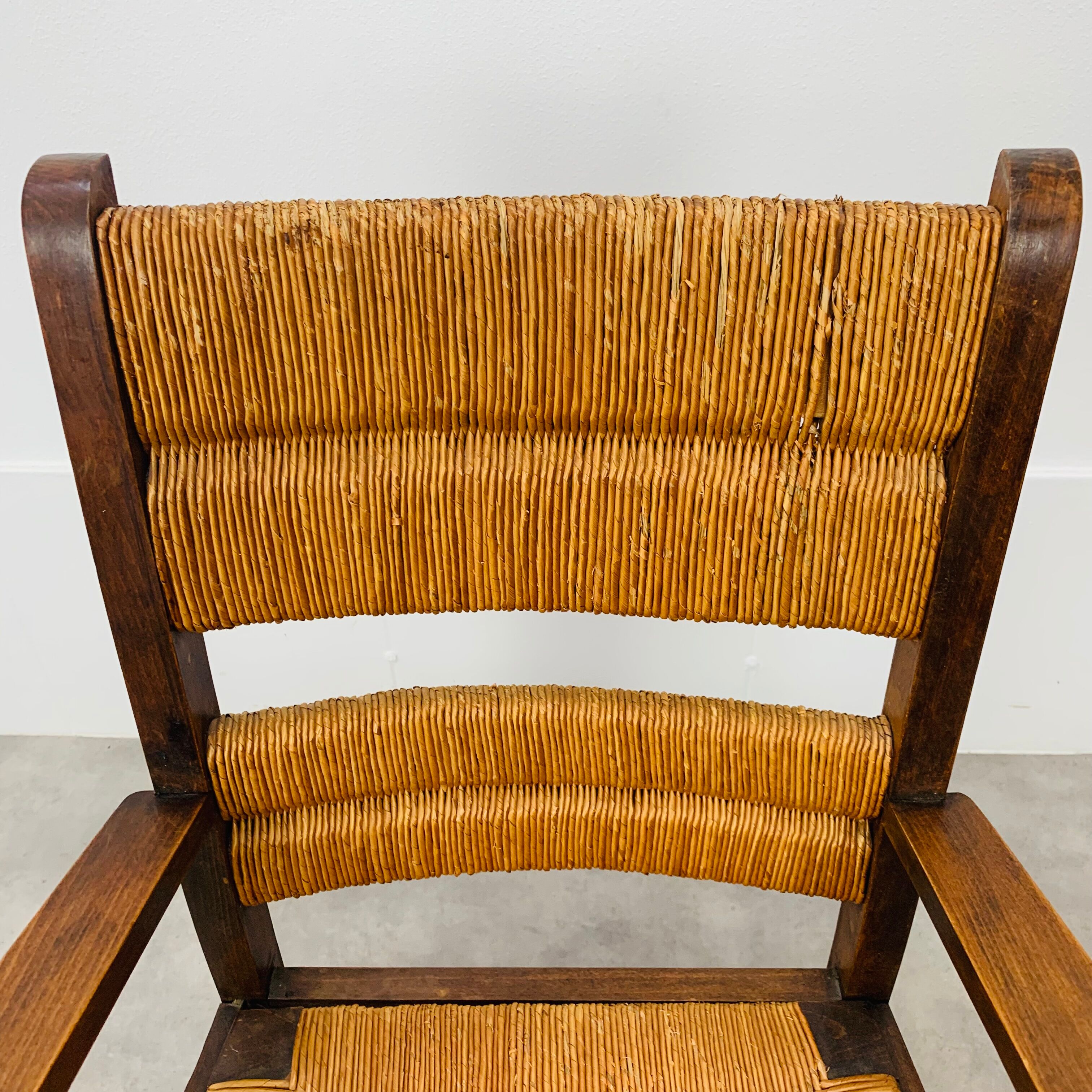 Straw and wood armchair brutalist art deco