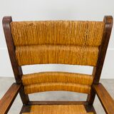 Straw and wood armchair brutalist art deco