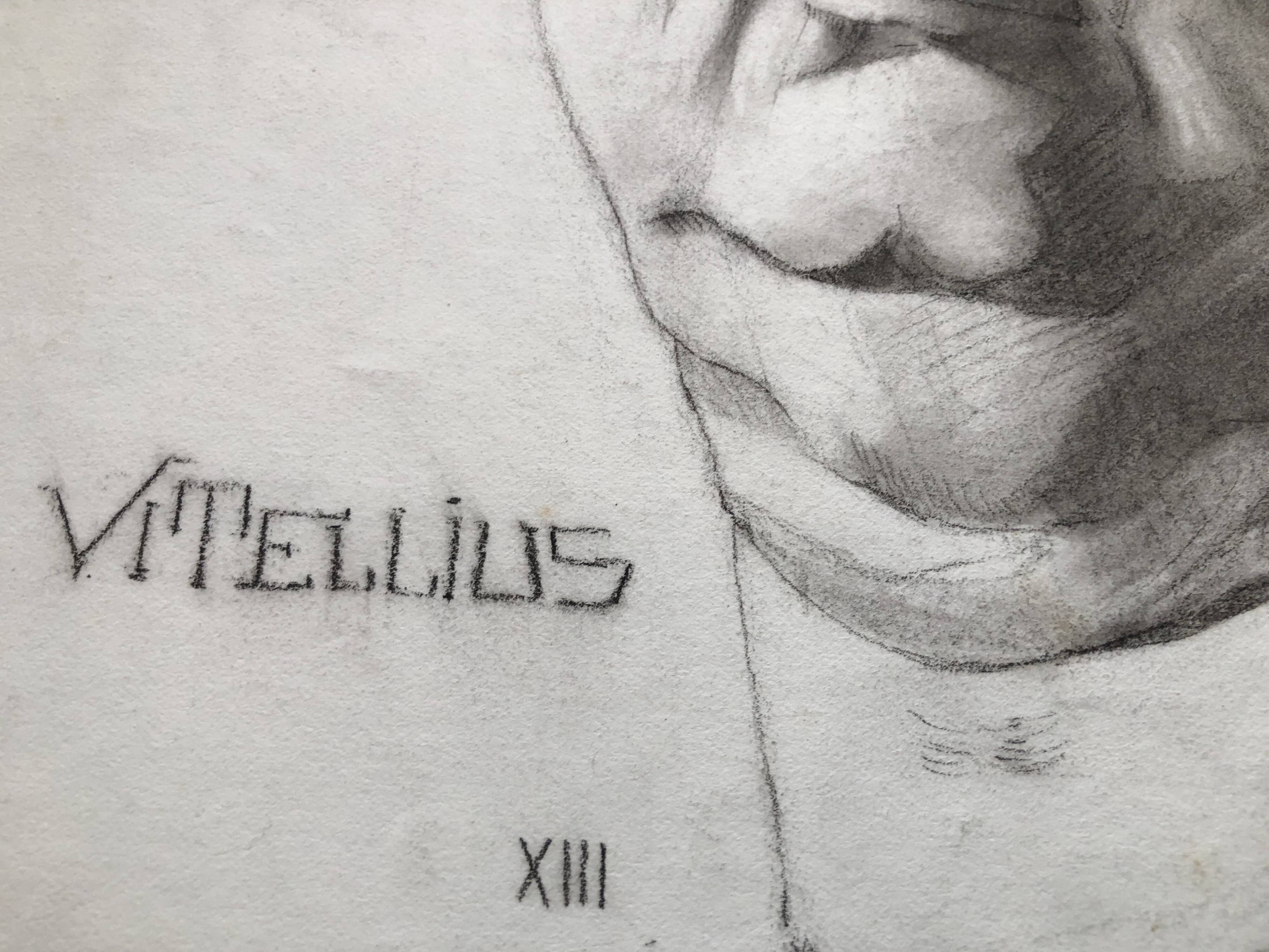 Charcoal drawing: face of roman emperor vitellius, signed w. peloux, antique, fine arts, fabriano