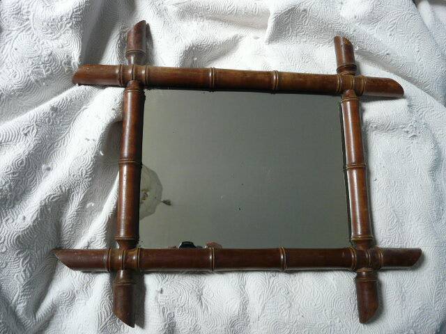Vintage wooden bamboo mirror bohemian retro 47.5 cm by 41.5 cm