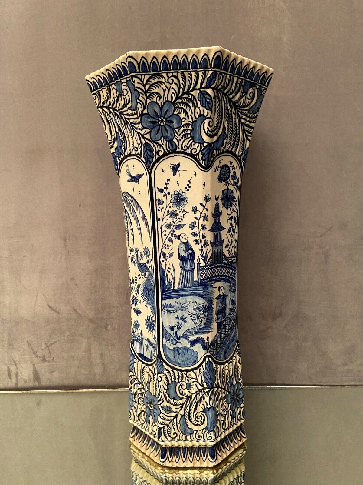 Umbrella holder vase earthenware Desvres nineteenth decoration Far East Pagoda 62.5 cm