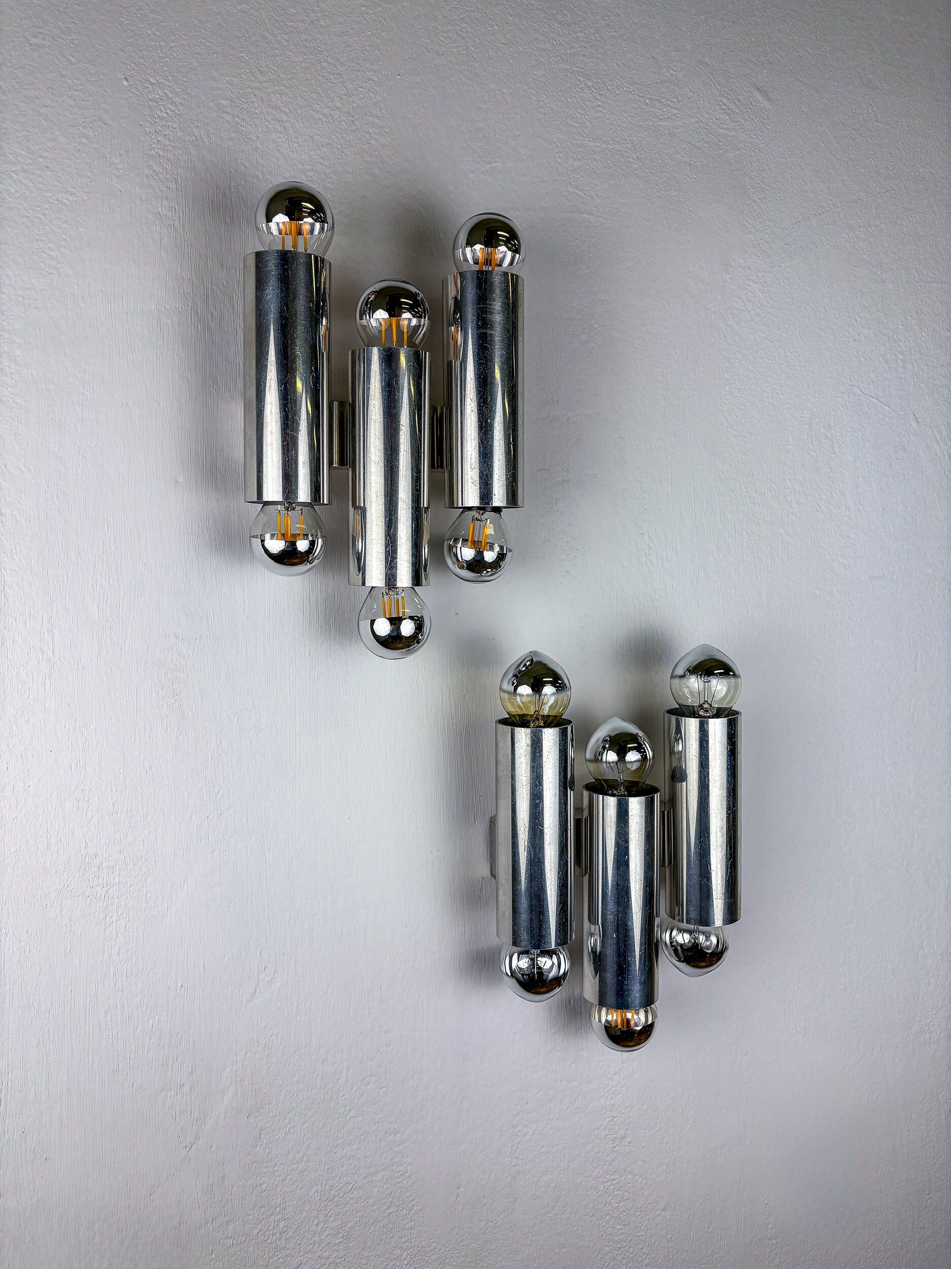 Pair of Gaetano Sciolari tubular chrome wall sconces, Italy 1970s