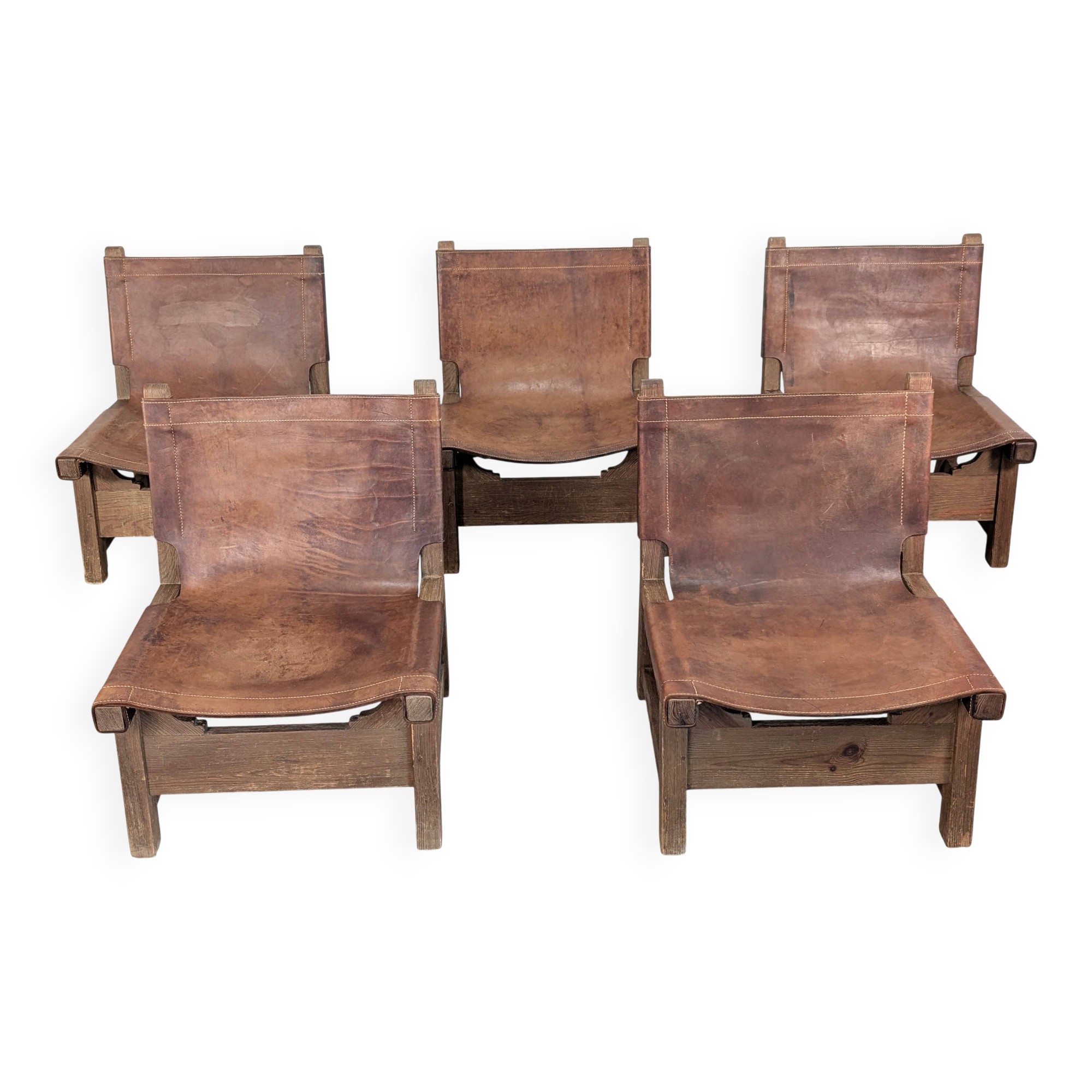 Set of 5 Spanish Leather and Oak Chairs