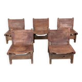 Set of 5 Spanish Leather and Oak Chairs