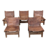 Set of 5 Spanish Leather and Oak Chairs