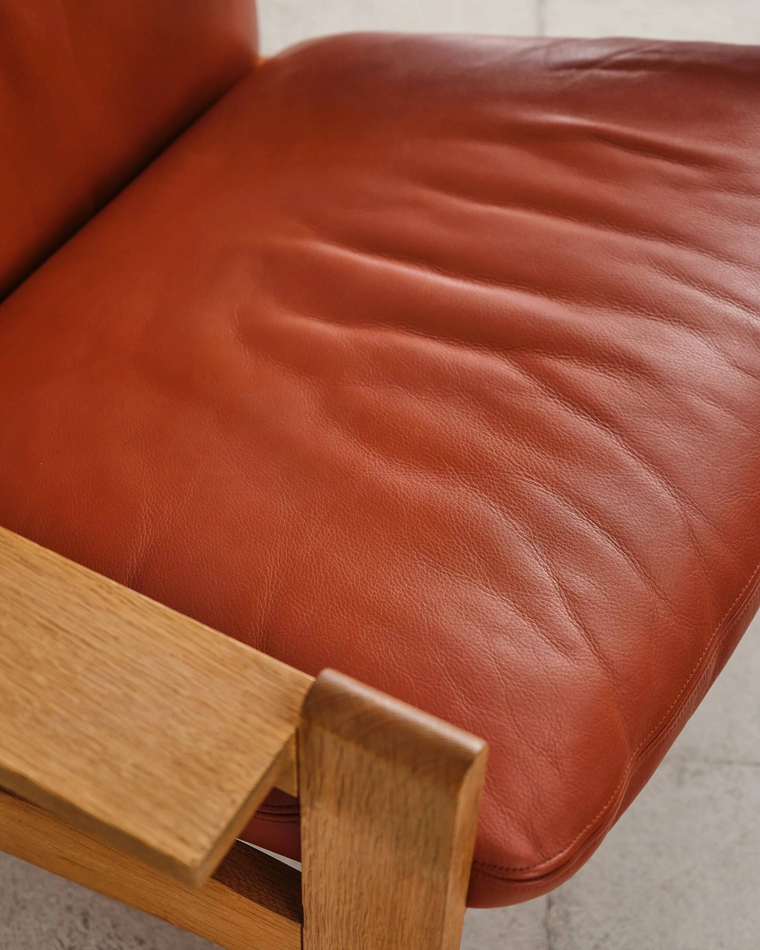 Brutalist oak and leather sofa, Tage Poulsen, 4 pieces, Denmark, 1970s.