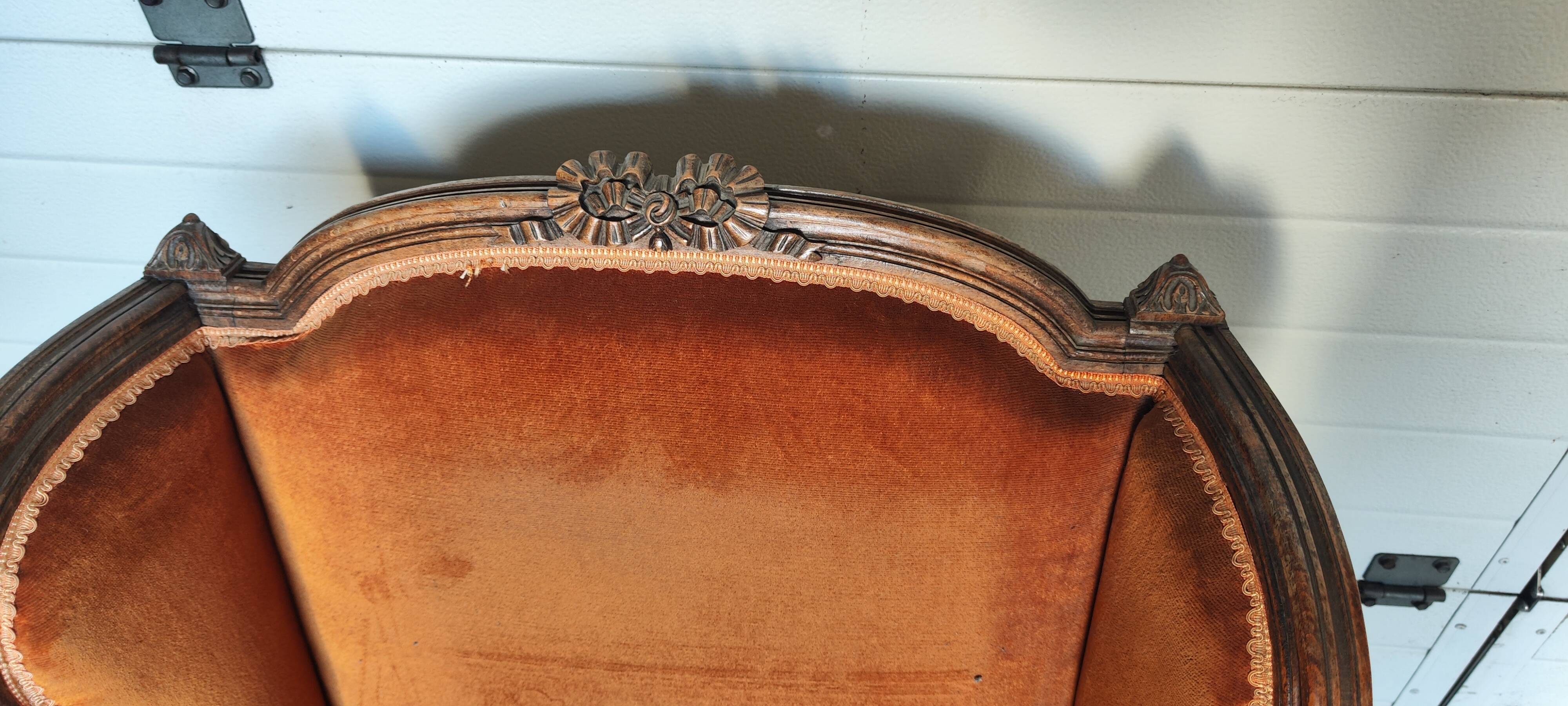 Large Louis XVI style bergère armchair in amber brown velvet