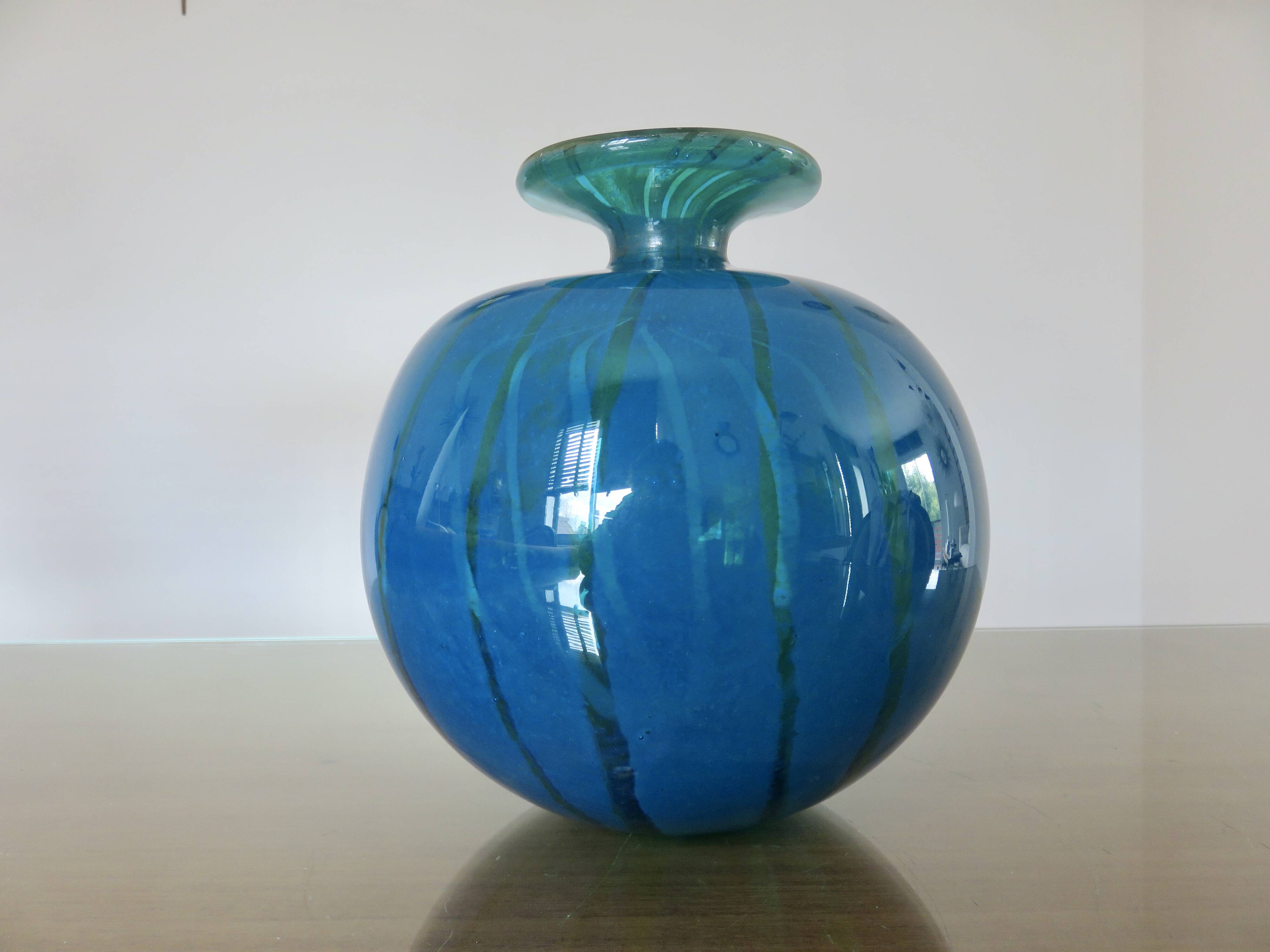 Ball vase, Mdina, Malta, signed, in blue blown glass, year 1983