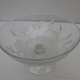 vintage cut on transparent glass/crystal stand, frosted rose patterns in relief