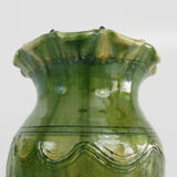 Vase, cache pot vintage en terre cuite vernissée vert. Style Anduze