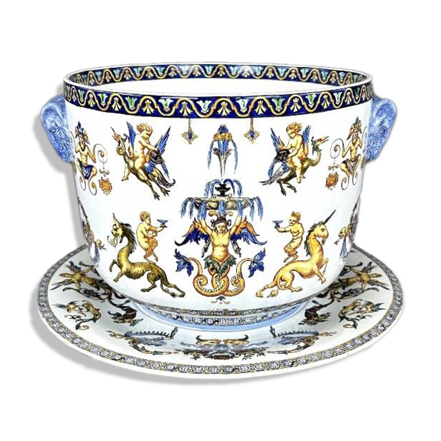 Cache-pot et son présentoir Gien, Collection Renaissance, XXe Siècle