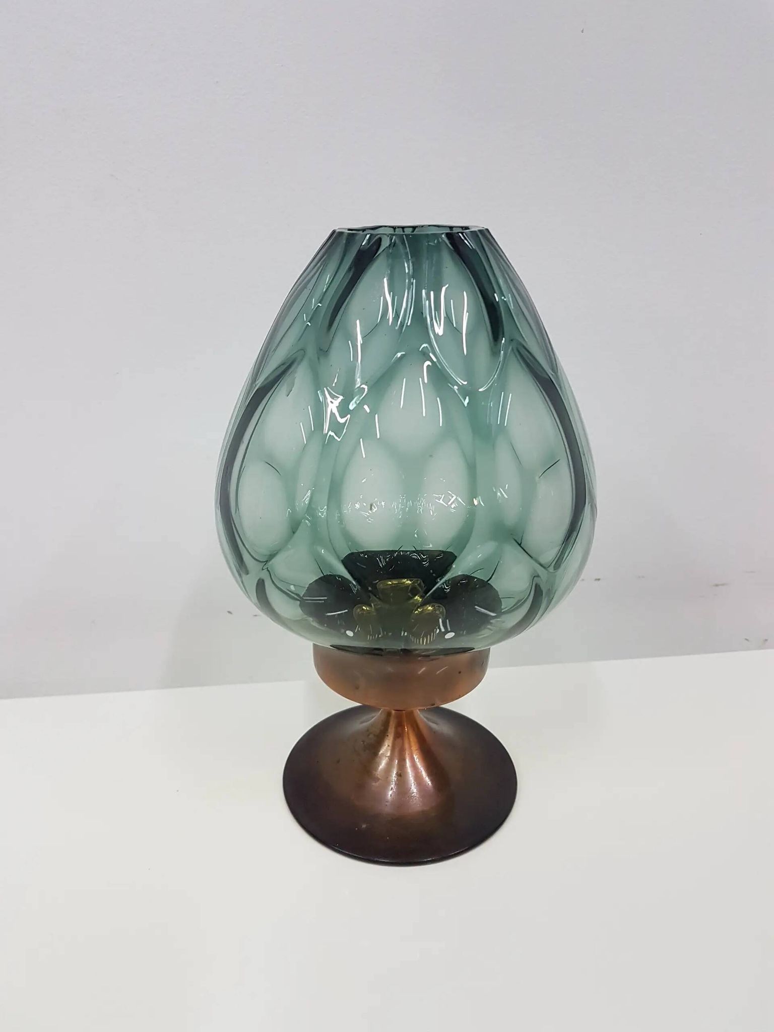 Candlestick, gold-tone brass, clear greenish glass, Austria, 1960s.