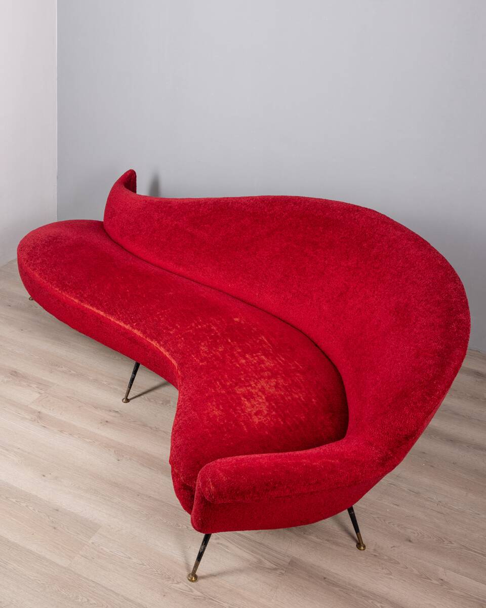 Large 1950s vintage curved sofa in red velvet italian design