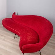 Large 1950s vintage curved sofa in red velvet italian design