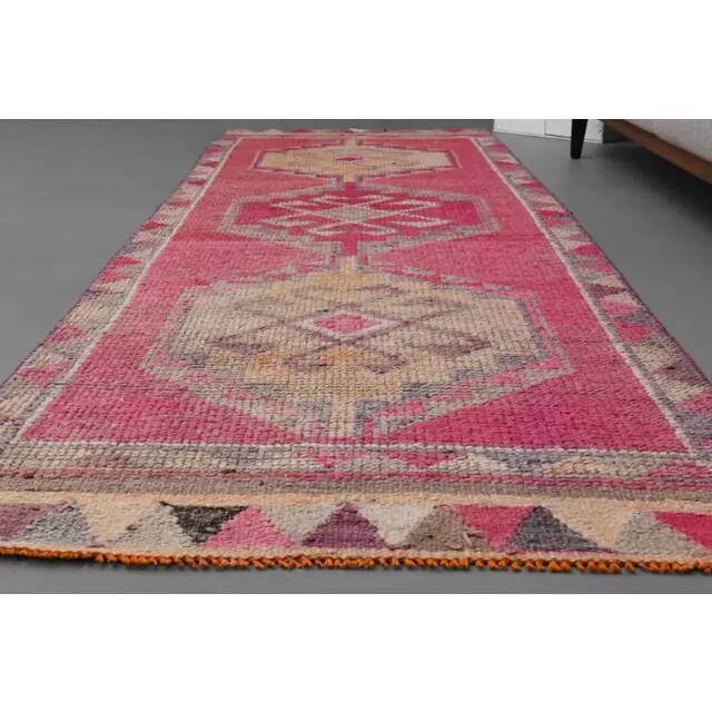 Vintage Turkish Hand-Knotted Wool Cotton Pink Runner Rug 95x309