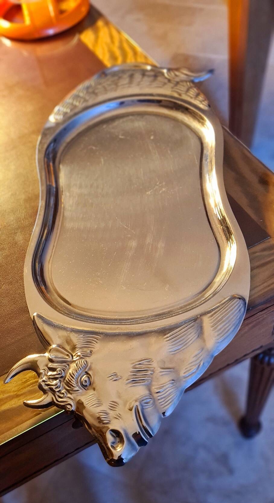 Large stainless steel serving dish