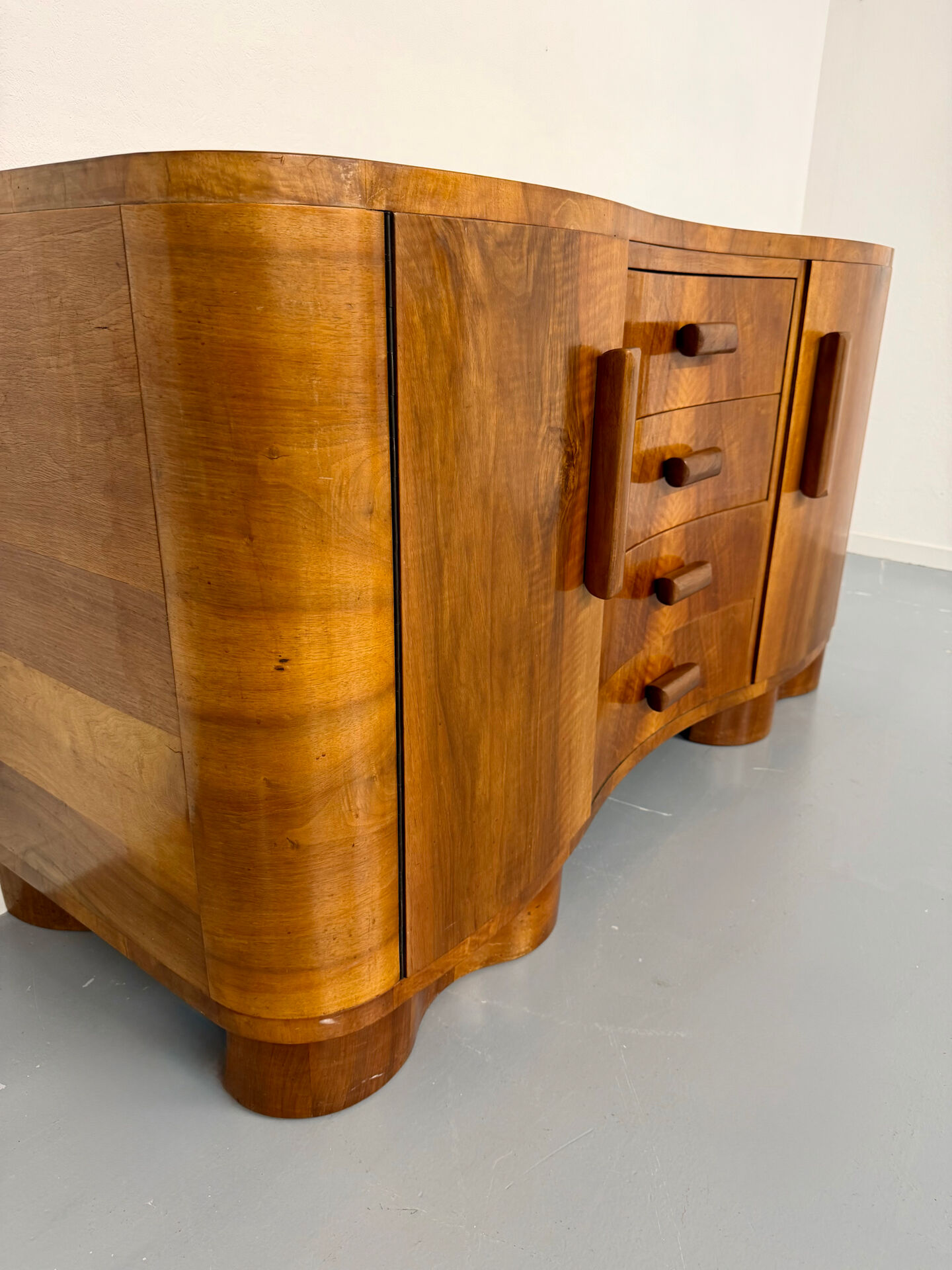 Antique walnut sideboard in Art Deco style from the 1930s.