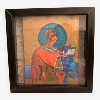 Vintage icon painted on wood in black frame