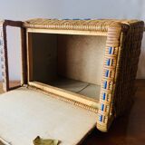 Large vintage rattan and wicker sewing basket with fabric seat