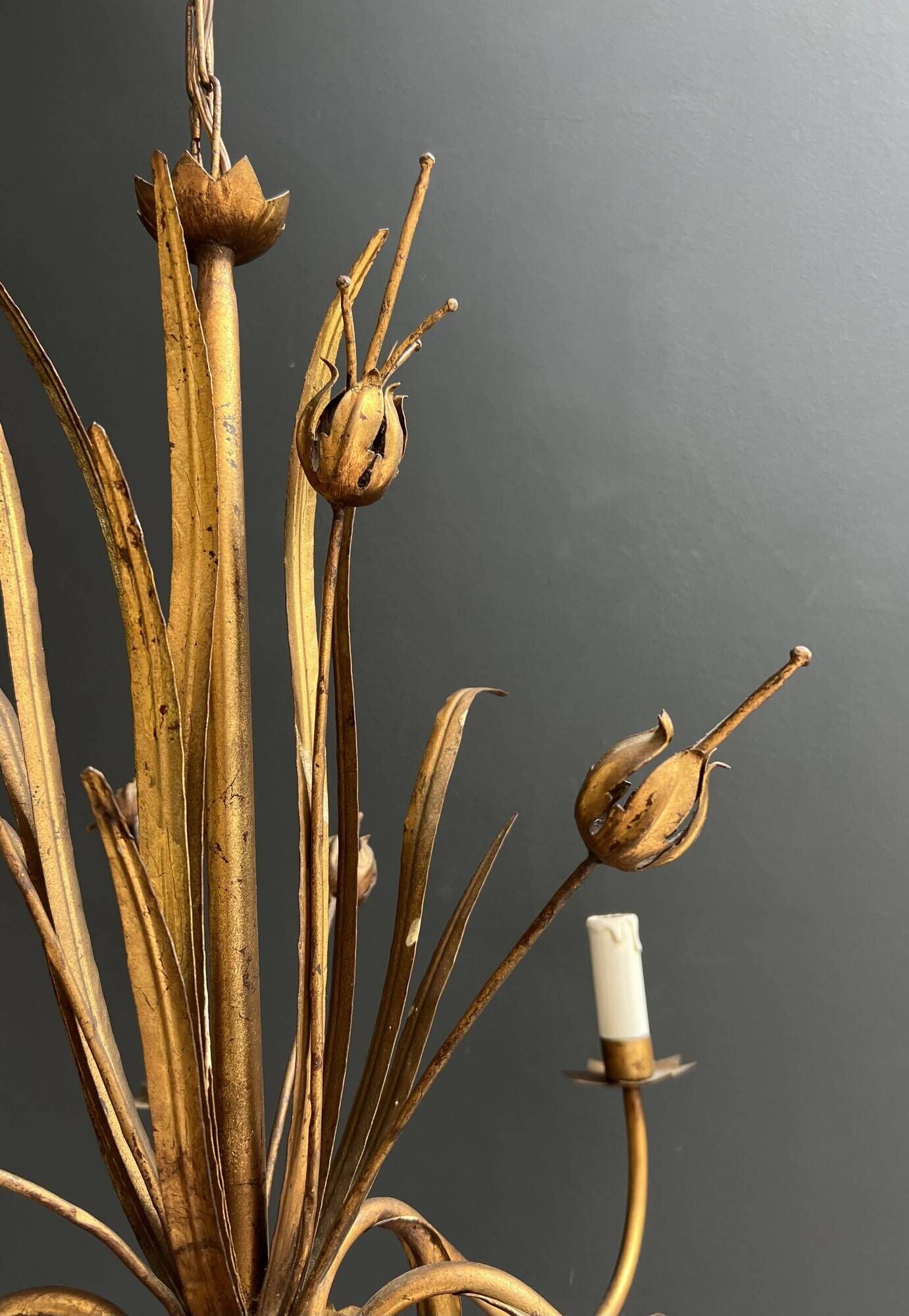 Golden Metal Chandelier with Reed Bouquet Decoration. Coco Chanel Style. Work