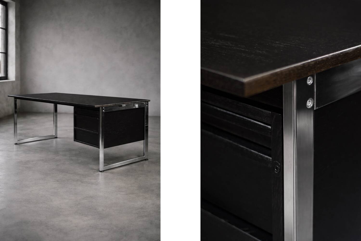 Vintage Mid-Century Danish Modern Minimalist Black Oak Desk with Chrome Base