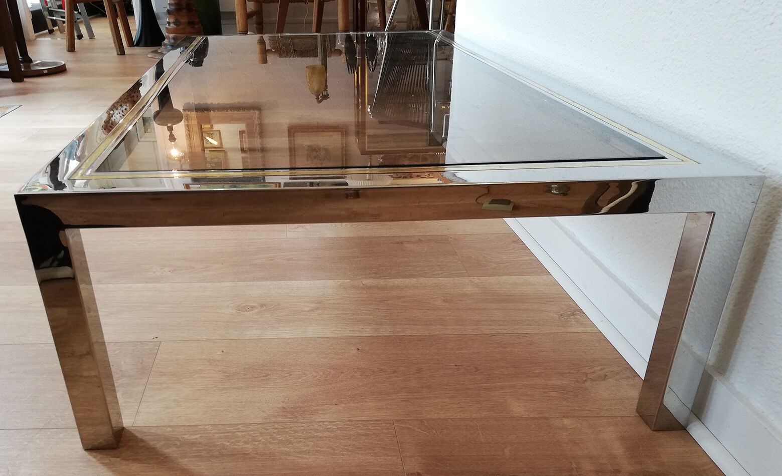 Chrome metal, brass and smoked glass coffee table to taste like Willy Rizzo