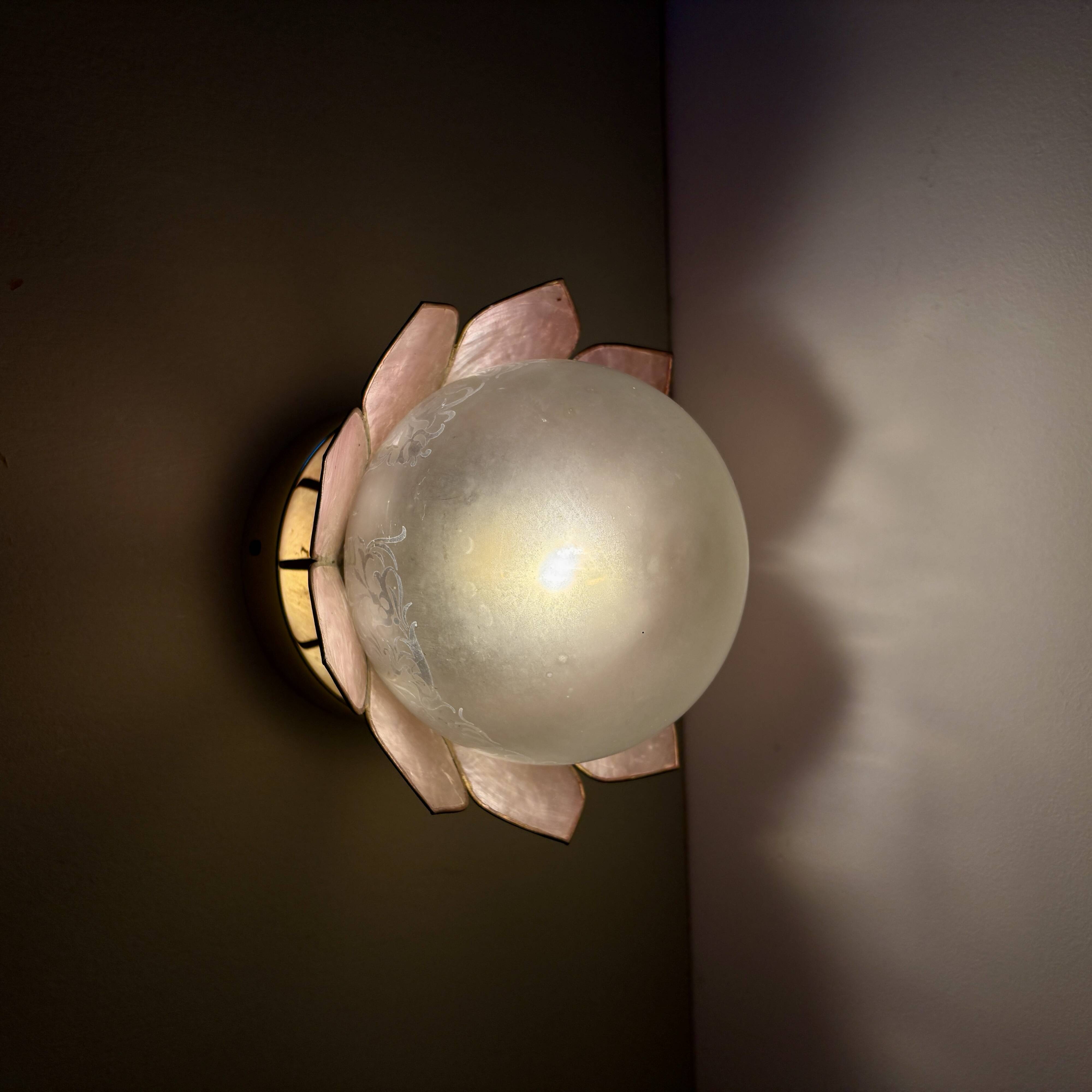 Vintage pink mother-of-pearl wall lamp with frosted glass globe