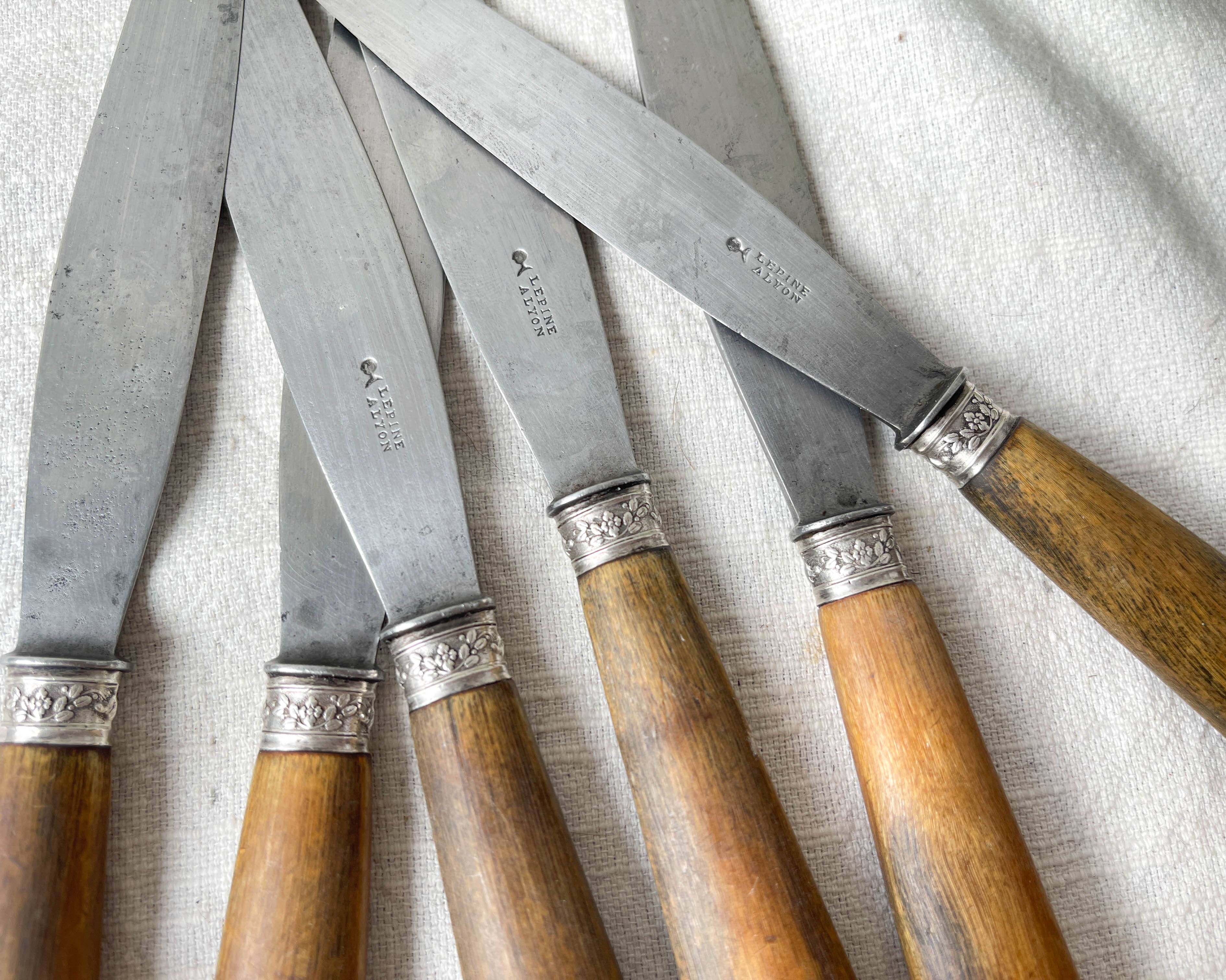 6 Vintage Horn Knives Silver Steel Blade LEPINE A LYON France 19th Century