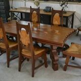 Rustic oak table with ceramic inlays by a student of Joseph Savina 1950s