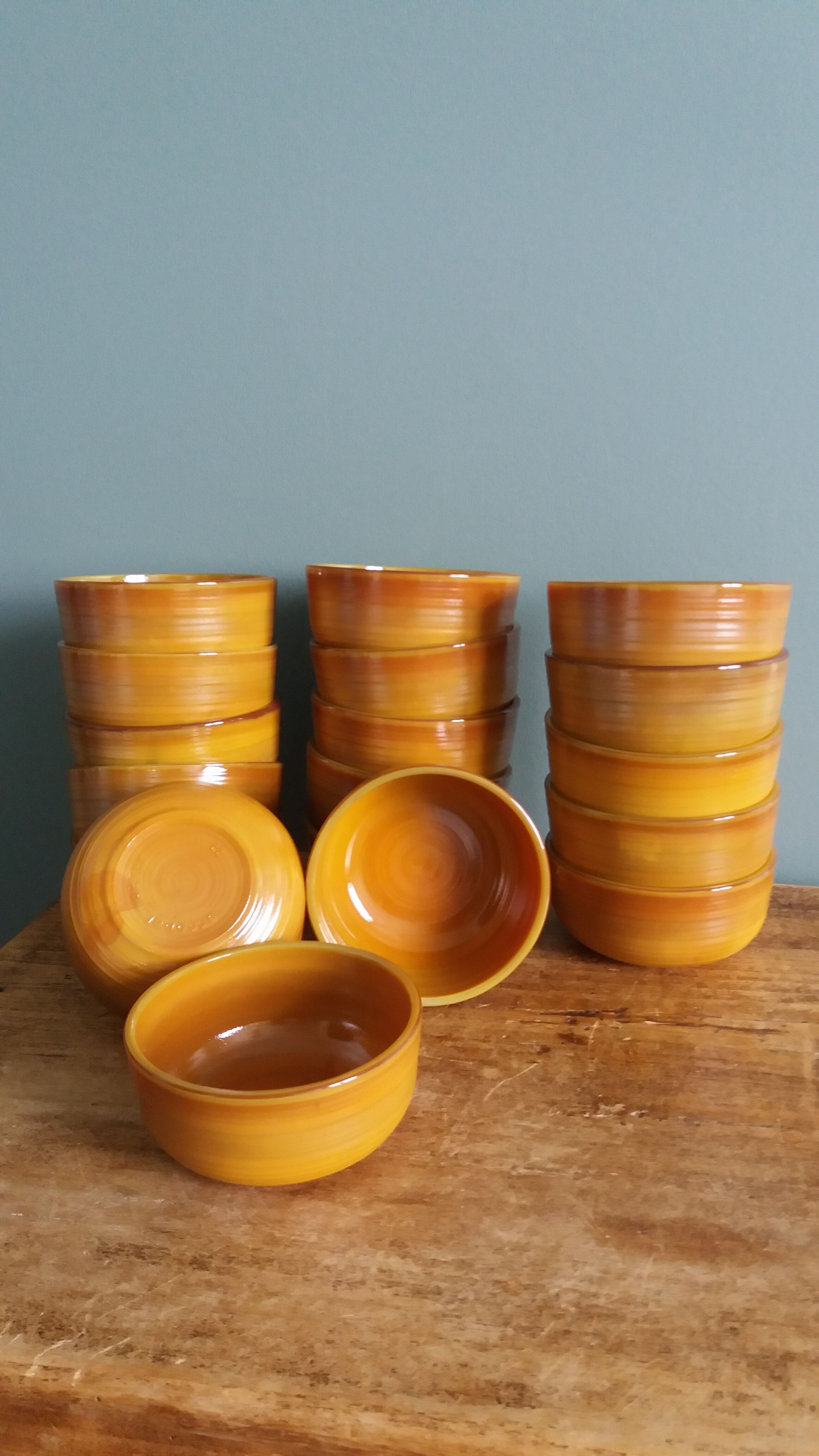 Orange caramel glass ramekins Arcopal Volcan 1970s