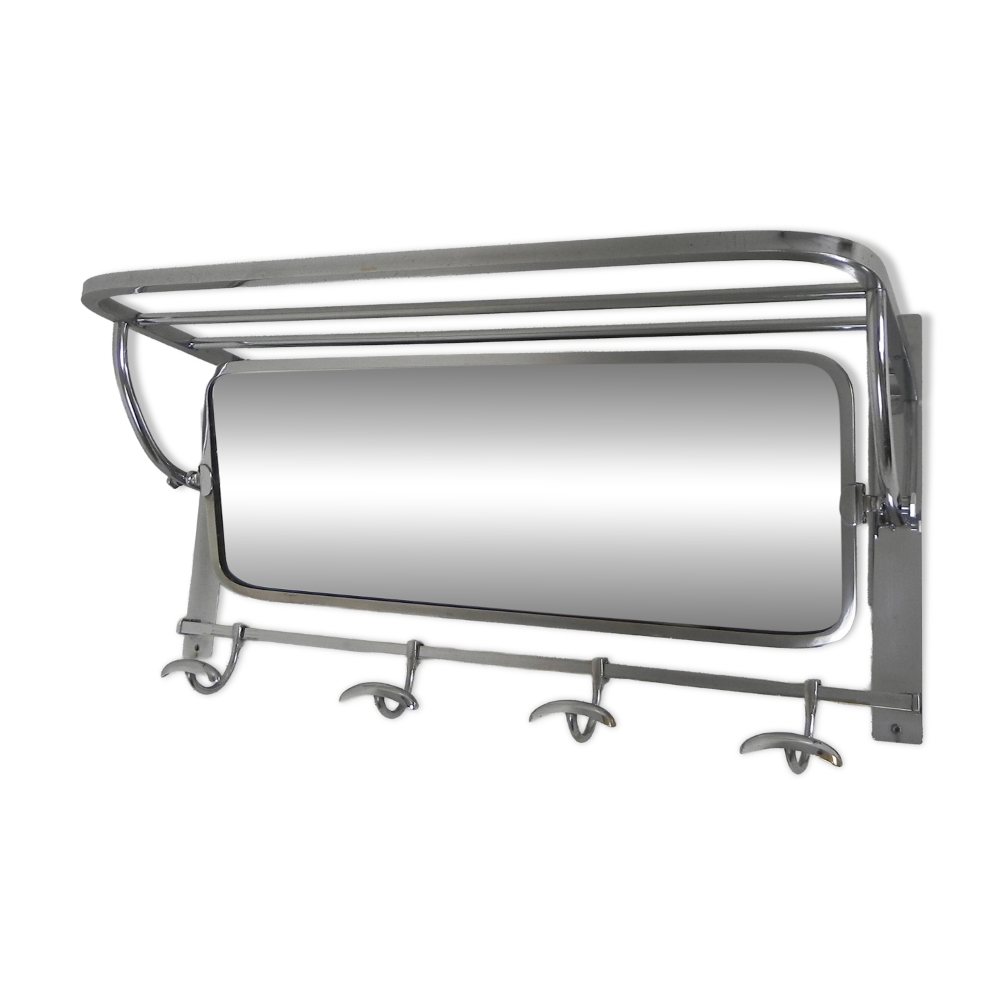 Art Deco wall coat rack with a bevelled mirror adjustable in a chrome frame, 1930s.