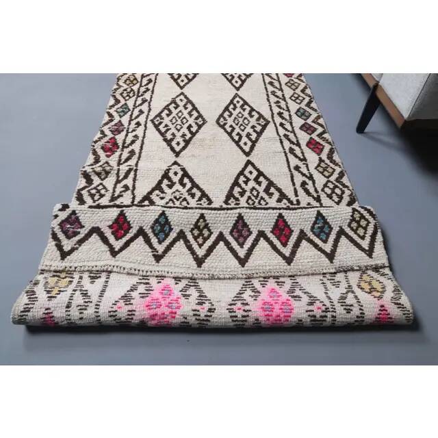 Vintage Turkish Hand-Knotted Wool Cotton White Runner 80x401