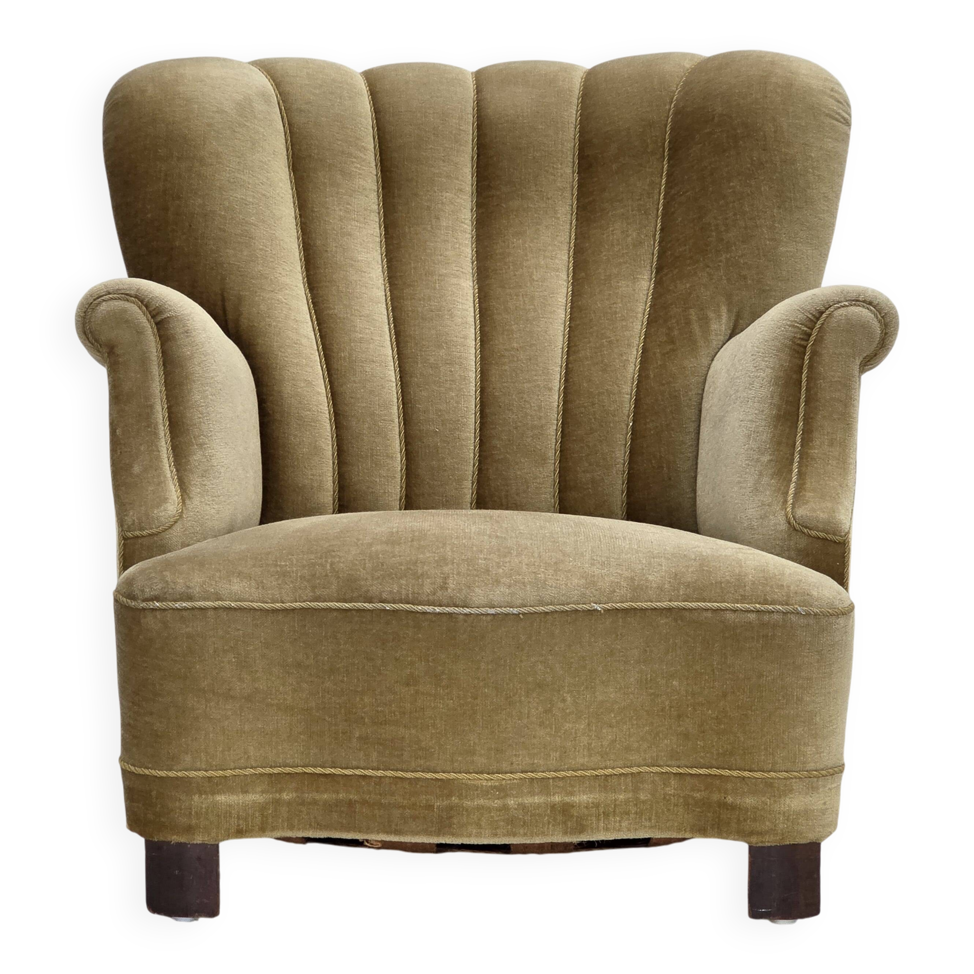 1960s, Danish armchair, green furniture velour, oak wood.