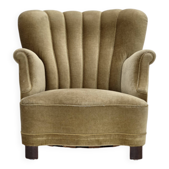 1960s, Danish armchair, green furniture velour, oak wood.